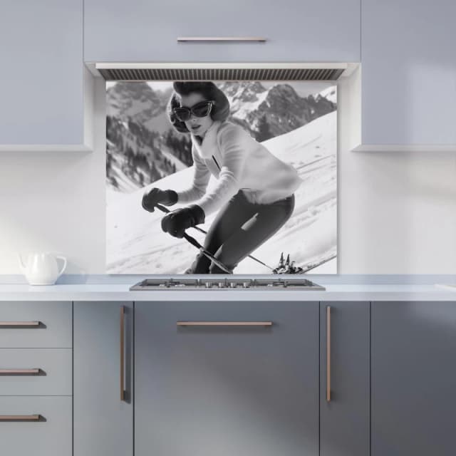 Warren Reed - Designer Vintage Skiing Chic Kitchen Splashback in Black Size: 600mm x 750mm Black Unisex 600mm x 750mm