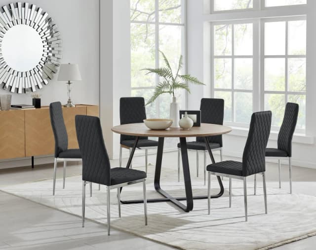 FurnitureboxUK FurnitureboxUK Santorini Brown Wood Effect Dining Table & 6 Milan Chrome Leg Chairs in Black One Size Unisex 5056657123918