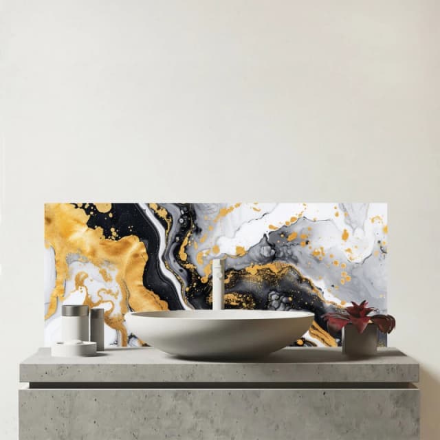 Warren Reed - Designer Gold White & Black Marble Effect Glass Bathroom Splashback Gold Unisex