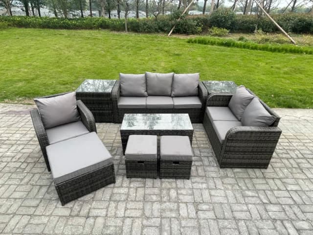 Fimous High Back Rattan Garden Furniture Set with Loveseat Sofa Rectangular Coffee Table 2 Side Tables 3 Footstools Indoor Outdoor Patio Lounge Sofa S