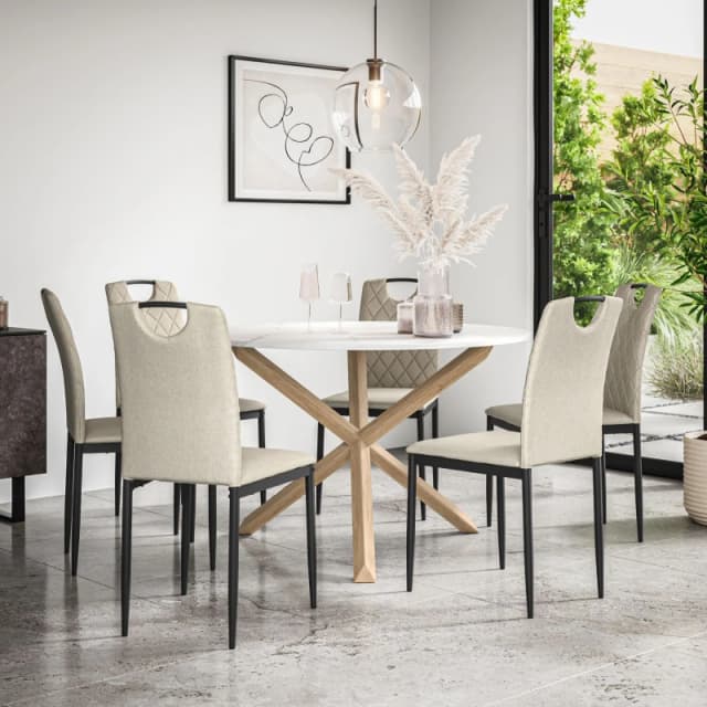More4Homes Malvern Round Dining Table And Chairs - Marble Table Top W Solid Oak Legs + Monza Fabric Dining Chair Set Of 6 (Beige)