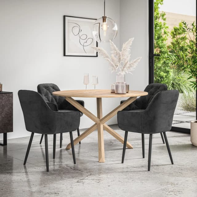 More4Homes Malvern Round Dining Table And Chairs - Oak Table Top W Solid Oak Legs + Anika Velvet Dining Chair Set Of 4 (Black)