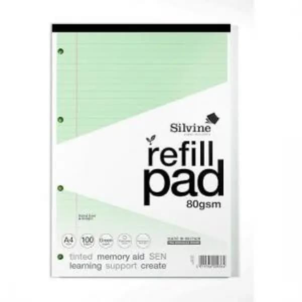 Silvine Silvine SEN Refill Pad A4 With Tinted Coloured Papers 100 Page Ruled With Margin 4 Hole Punched Green (Pack 6) - A4RPTING A4RPTING