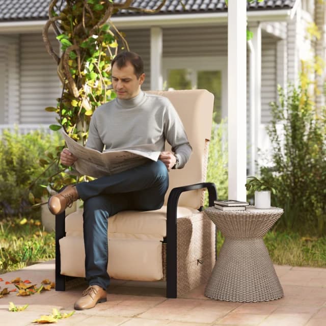 Outsunny Rattan Garden Recliner Chair Sun Lounger w/ Side Tray - Brown/Khaki TJ Hughes Khaki 5063603350748