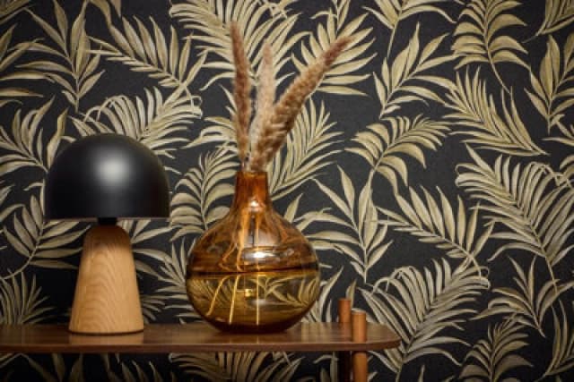 As Creation Bricoflor Non-Woven Wallpaper, Leaf & Palm Wallpaper, Luxury, Pattern In Gold, Black - 10,05 X 0,53 M