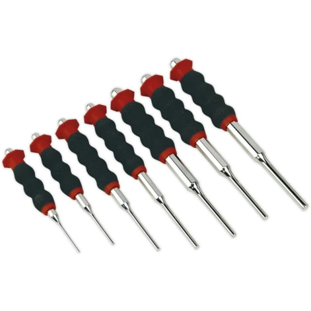 Loops 7 Piece Sheathed Parallel Pin Punch Set - Contoured Foam Grip - Chromoly Steel Metallics