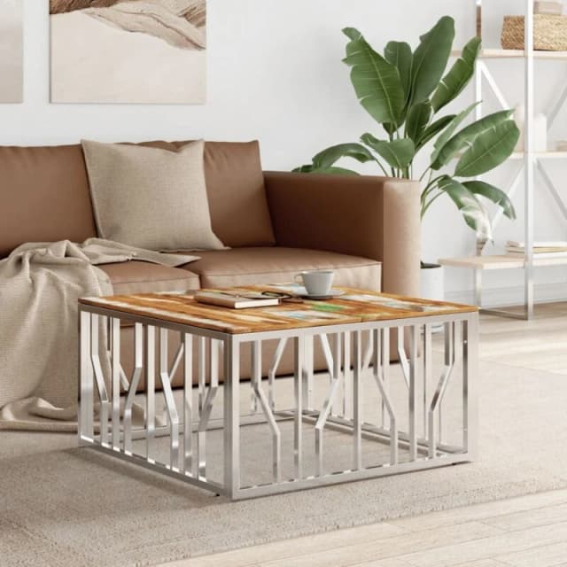 VIDAXL Coffee Table Silver Stainless Steel and Solid Wood Reclaimed Vidaxl 8720287200420