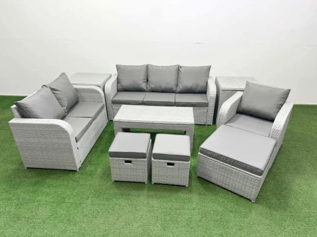 Fimous Patio PE Wicker 9 Seater Outdoor Rattan Furniture Sofa Sets with Oblong Coffee Table Reclining Chair Loveseat Sofa 3 Seater Sofa Stool 2 Side T
