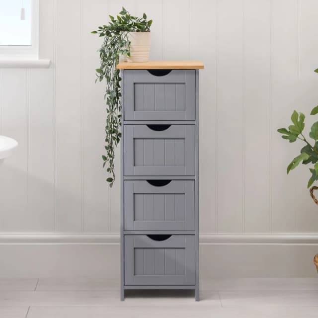 Christow Grey Bathroom Drawer Unit Floor Storage Cabinet With Bamboo Top 82cm Grey