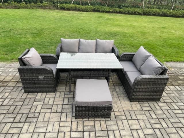 Fimous 7 Seater Garden Rattan Furniture Dining Table Sofa Set Indoor Outdoor with Reclining Chairs Big Footstool Dark Grey Mixed Dark Grey Unisex