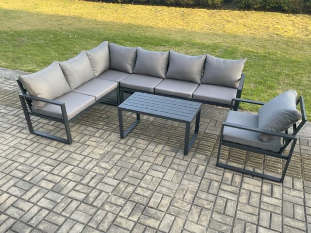 Fimous Aluminium Garden Furniture Set Outdoor Indoor Lounge Corner Sofa Chair Oblong Coffee Table Sets Dark Grey 7 Seater Dark Grey Unisex