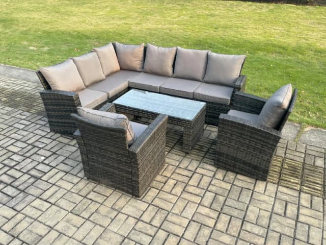 Fimous 8 Seat Rattan Garden Furniture Corner Sofa Set Outdoor Patio Chair Sofa Table Set Dark Grey Mixed Dark Grey Unisex