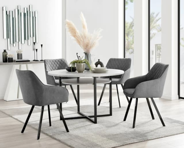FurnitureboxUK FurnitureboxUK Adley Grey Concrete Effect Round Dining Table & 4 Falun Black Leg Fabric Chairs in Dark Grey Dark Grey One Size Unisex 5