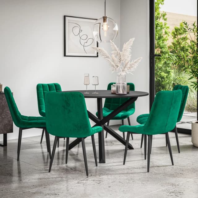 More4Homes Malvern Round Dining Table And Chairs - Black Table Top W Solid Black Oak Legs + Nova Velvet Dining Chair Set Of 6 (Green)