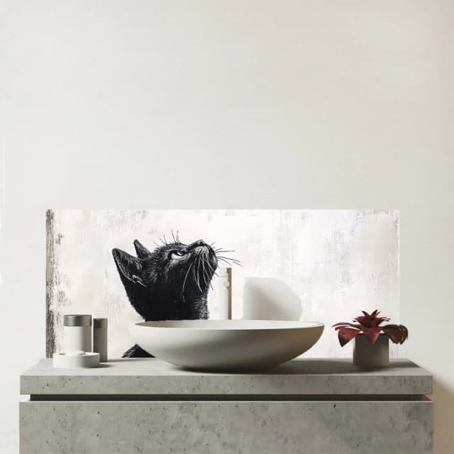 Warren Reed - Designer Thoughtful Banksy Inspired Cat Glass Bathroom Splashback in Black Unisex