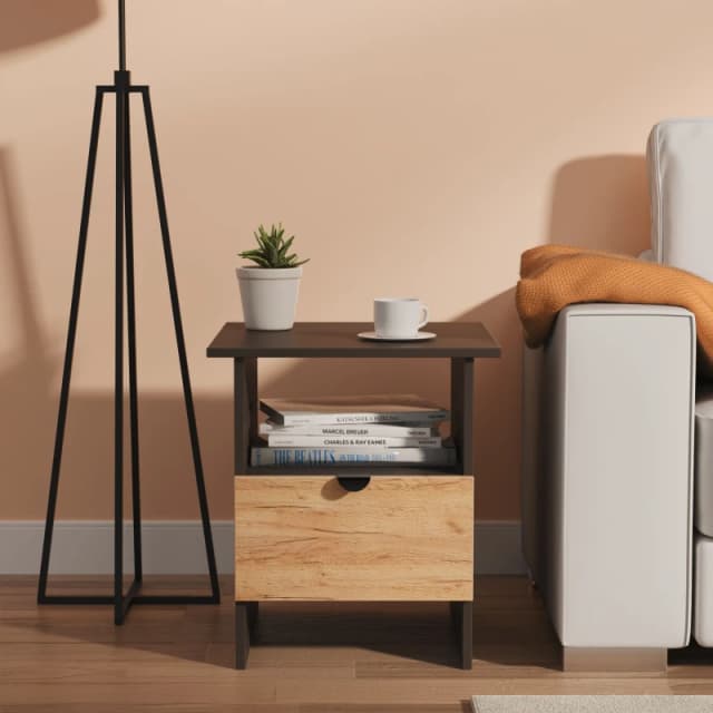 Welcome Furniture Ltd Bora Bottom Drawer Lamp Table in Gold Craft Oak & Graphite - Ready Assembled, Grey BOP224GCGB