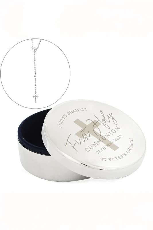 Personalised Memento Company Personalised First Holy Communion Round Trinket Box & Rosary Beads Set in Silver Silver Unisex
