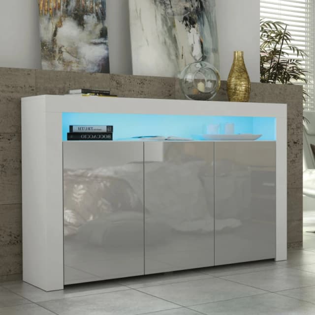 Mex Furniture LTD Sideboard with LED Lighting & Gloss Doors / 155cm in Light Grey Light Grey Unisex