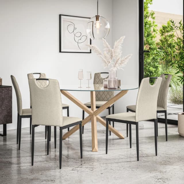 More4Homes Malvern Round Dining Table And Chairs - Clear Glass Table Top W Solid Oak Legs + Monza Fabric Dining Chair Set Of 6 (Beige)