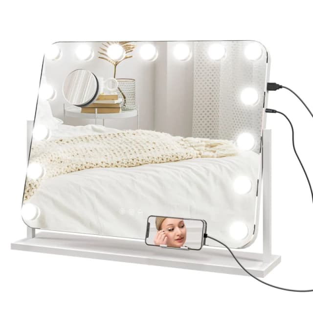HOMCOM Hollywood Dimmable Lighted Makeup Mirror With Magnifier USB Port, White 505-018V70WT