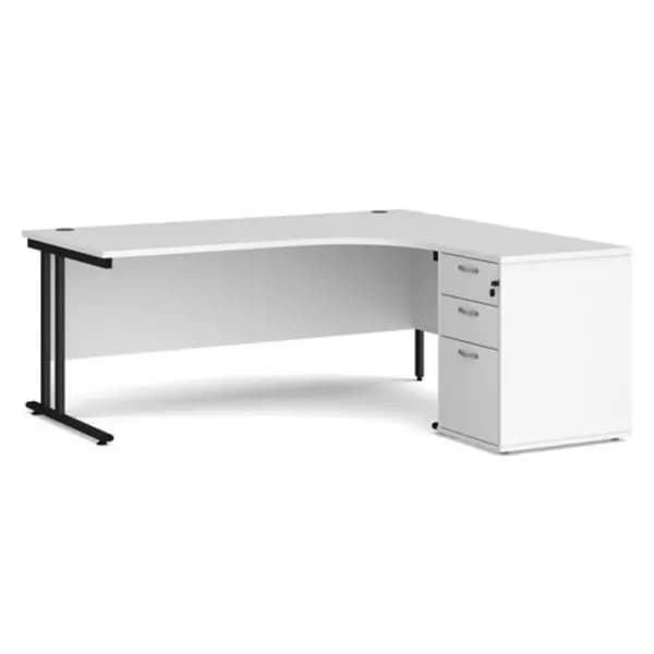 Office Desk Right Hand Corner Desk 1800mm With Pedestal White Top With Black Frame Maestro 25