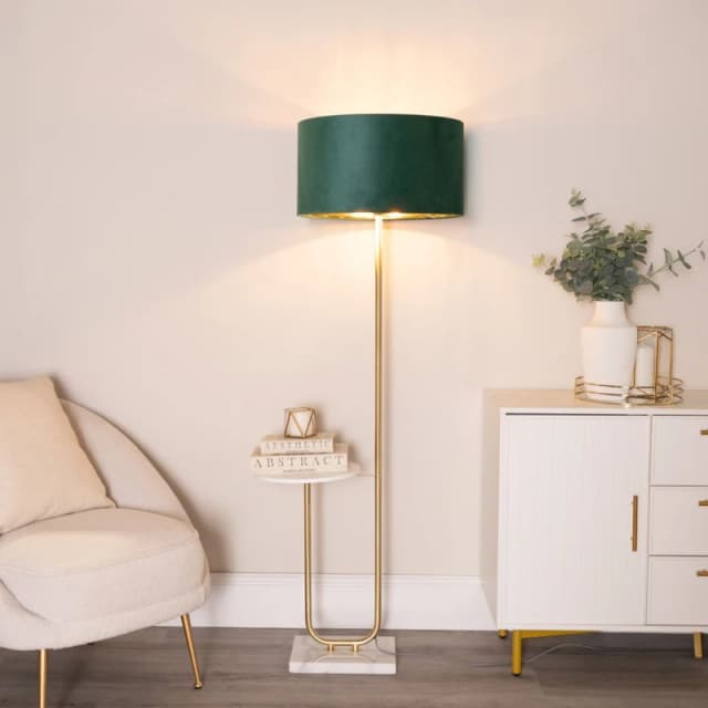ValueLights ValueLights Tavel Gold Floor Lamp with Table and Velvet Drum with Gold Inner Lamp Shade in Bottle Green Bottle Green One Size Unisex 50594