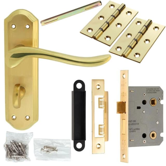 Loops Door Handle & Bathroom Lock Pack Brass Sculpted Lever Thumbturn Backplate Metallics