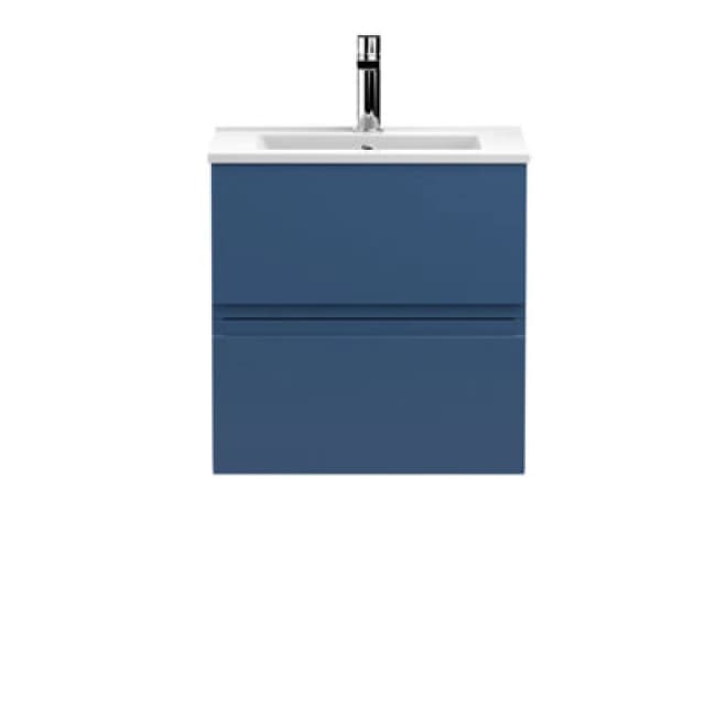 Nuie Hudson Reed Urban Wall Hung 2 Drawer Vanity Unit With Minimalist Ceramic Basin, Modern Bathroom Furniture In Satin Blue, 500mm