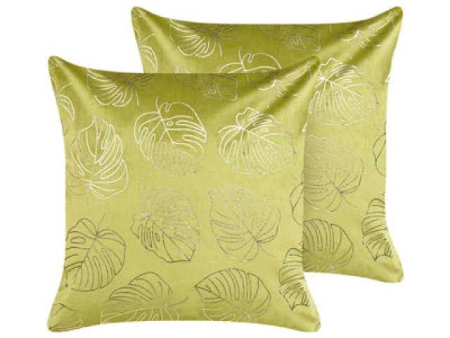 Beliani Set Of 2 Decorative Cushions Deliciosa Velvet 45 X 45cm Light Green Plant Pattern