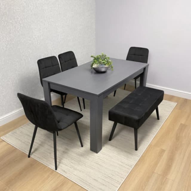 Kosy Koala Dining Table and 4 Chairs With Black Bench, 4 Grey Velvet Chairs Wood Dining Set Furniture, Multi ARCH1174BKRBRB