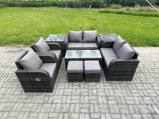 Fimous 9 Piece Rattan Garden Furniture Set Outdoor Patio Sofa, Table and Chairs Coffee Table 2 Small Footstools Ideal for Pool Side, Balcony Dark Grey