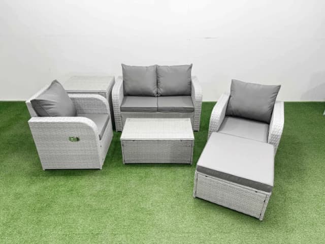 Fimous Light Grey PE Wicker Rattan Garden Furniture Set Sofa Set Reclining Adjustable Chair Rectangular Coffee Table 5 Seater With Footstool Side Tabl