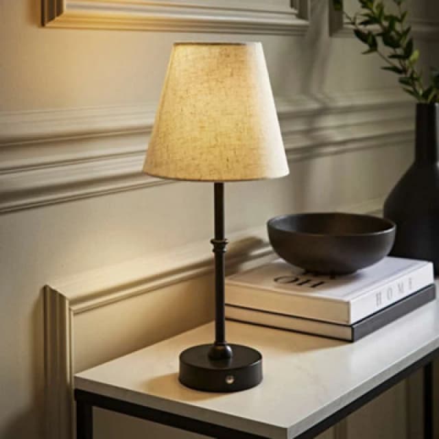 ValueLights ValueLights Lowe Black Rechargeable Portable Table Lamp with Linen Lamp Shade Black One Size Unisex 5016529273882