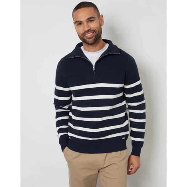 Threadbare Striped Quarter Zip Knitted Jumper Navy