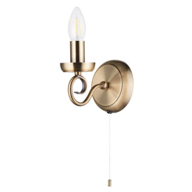 Happy Homewares Traditional Antique Brass Wall Light Fitting With Scroll Arm And Pull Switch