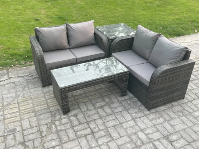 Fimous High Back Rattan Garden Furniture Set with Loveseat Sofa Coffee Table Indoor Outdoor Patio Lounge Sofa Set Dark Grey