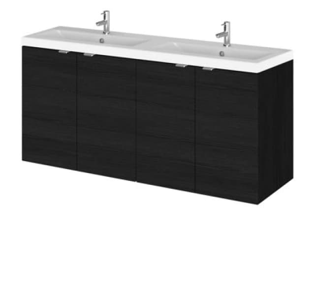 Hudson Reed Fusion Wall Hung 4 Door Vanity Unit & Twin Ceramic Basin, Sink Vanity Unit, Charcoal Black, 1200mm