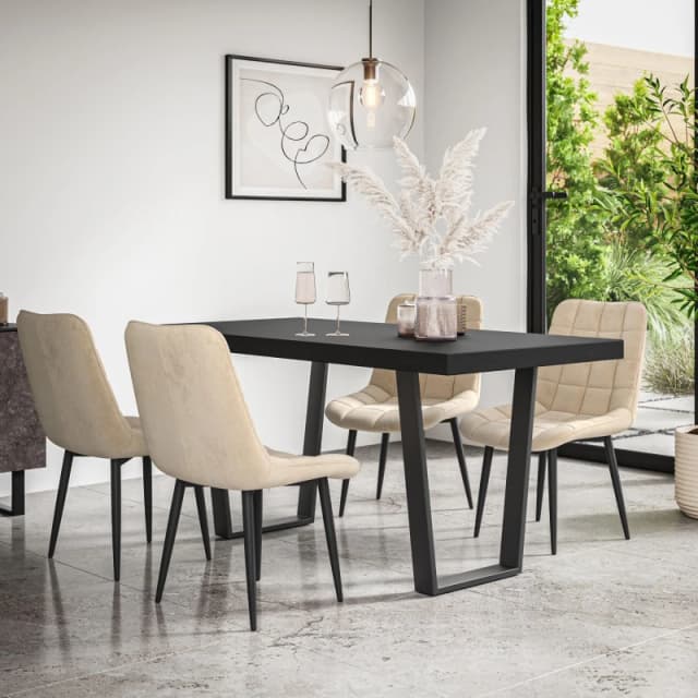 More4Homes Aria Dining Table And Chairs - Black Table Top W Black Legs + Nova Velvet Dining Chair Set Of 4 (Beige)