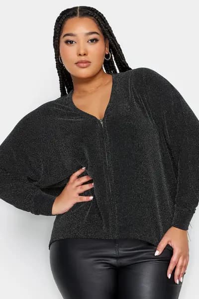 Yours Glitter Zip Through Top Silver