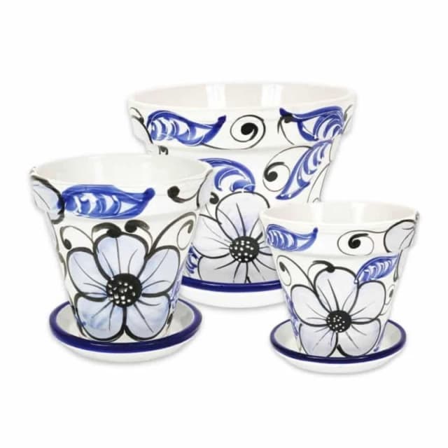 Verano Spanish Ceramics Blue Flowers Hand Painted Set of 3 Classic Pots & Drainage Plates (D) 16-29cm Blue