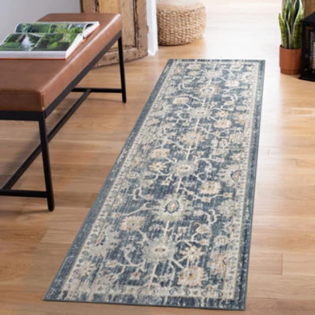 Maia Washable Low Pile Non Slip Lagoon Traditional Area Rug - Navy, 60 X 220 Cm (Runner)
