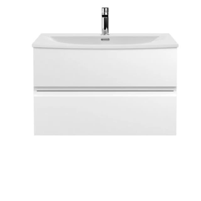 Nuie Hudson Reed Urban Wall Hung 2 Drawer Vanity Unit With Curved Ceramic Basin, Modern Bathroom Furniture In Satin White, 800mm