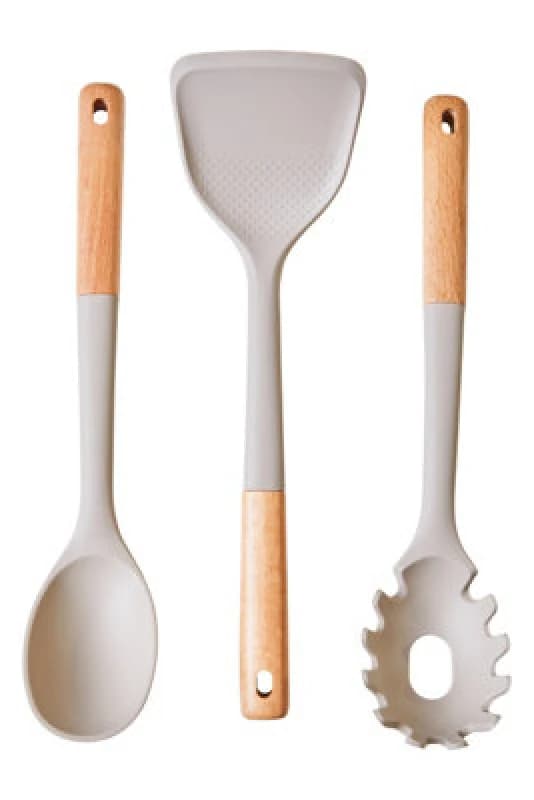 Orsina 3Pc Kitchen Tool Set With Stone Grey Silicone Heads,kitchen Gadget Set,non-Scratch Utensils With Wooden Grip