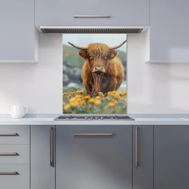 Warren Reed - Designer Highland Cow By The Coast Kitchen Splashback in Brown Size: 600mm x 750mm Brown Unisex 600mm x 750mm