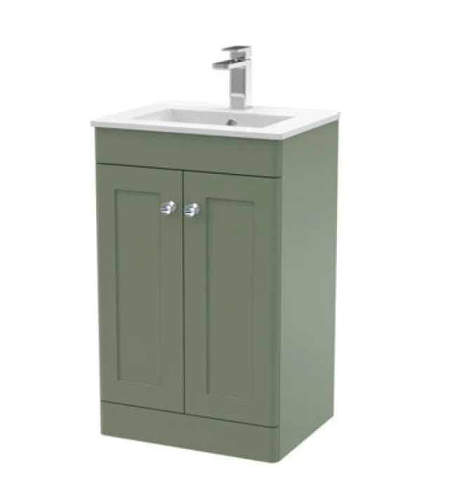 Nuie Classique 500mm Satin Green Floor Standing 2 Door Vanity Unit With Basin And Soft Close Doors-Satin Green