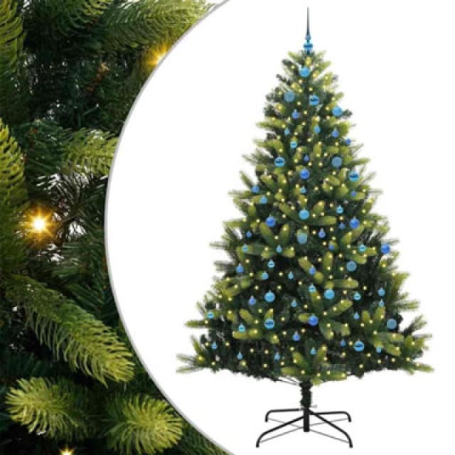 vidaXL Artificial Hinged Christmas Tree 300 LEDs, Blue Balls Green 240 cm, Green 3396016