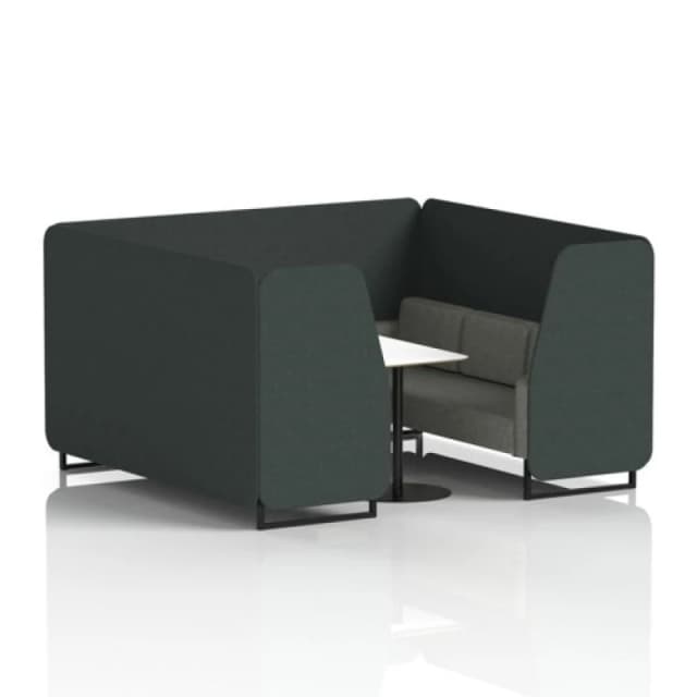 Brixworth 6 Seater Office Booth with Front Panel - Black Legs and White Table with Black Leg in Rivet Fabric - Charcoal Panels and Vitreous Sofa