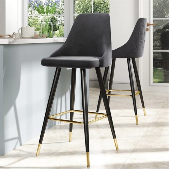 Kabinet UK Set of 2 Modern Velvet Bar Stools Black Gold unisex One size