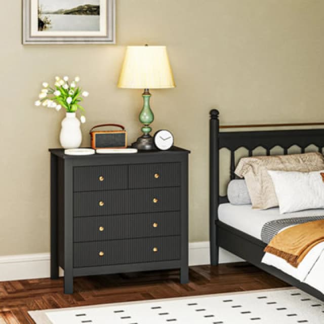 HOMCOM Fluted Bedroom Chest of Drawers w/ 5 Drawers Gold Tone Handles - Black TJ Hughes White 5063603495258