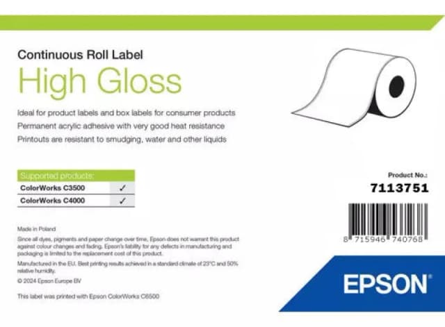 Epson 7113751 High Gloss White Continuous Label Roll 76mm x 33m (Original)